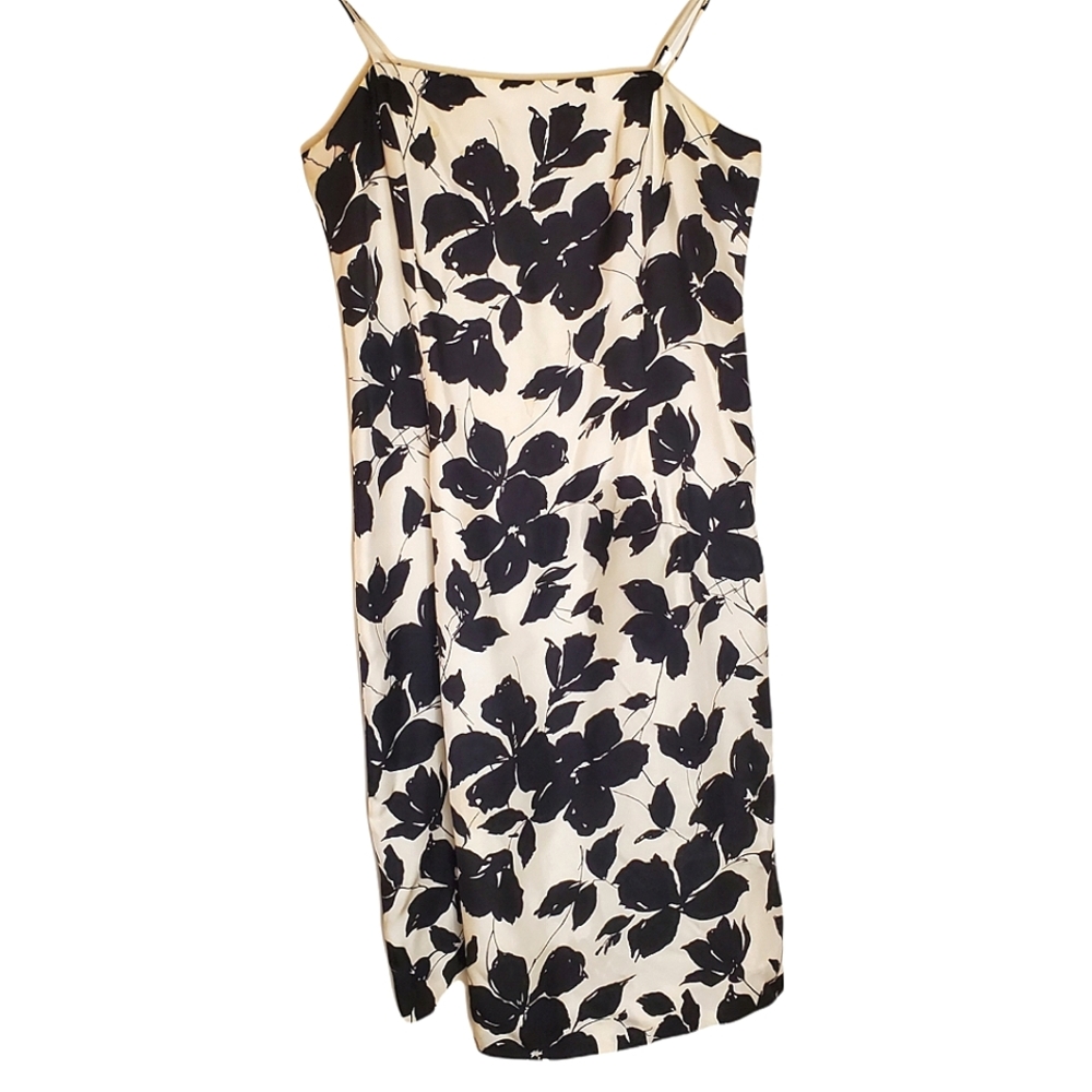 Ann Taylor Black and White Graphic Floral Silhouette Spaghetti Strap Silk Dress